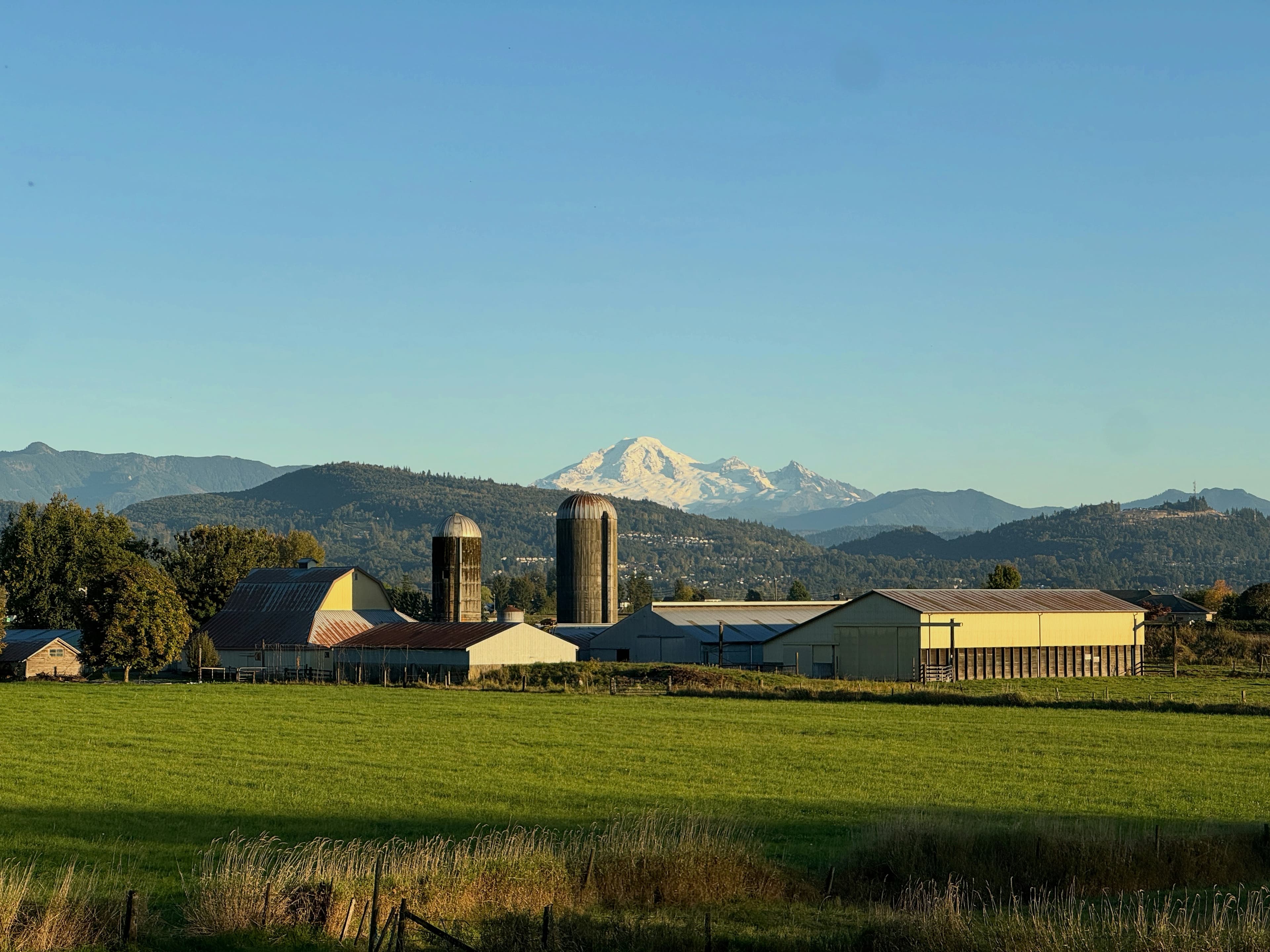 Dairy farm with silos and mountain backdrop